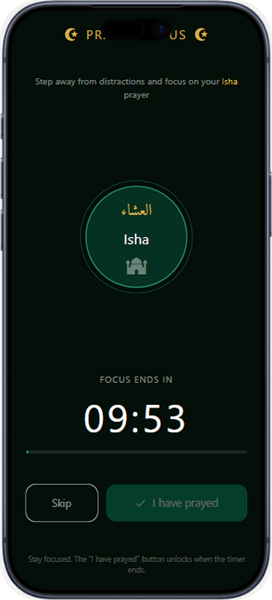 Muslim 360 Prayer Focus & Alarms Screen